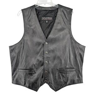 Wilsons Leather Vest XL Black Snap Front Biker Western Cinch Back Moto Style 90s